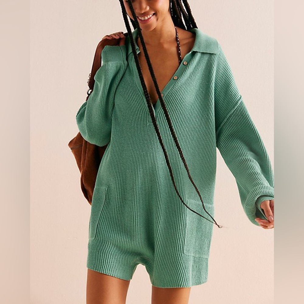 Free People Beach Picnic Long Sleeve Sweater Romper Kiwi Green Size XS NWT